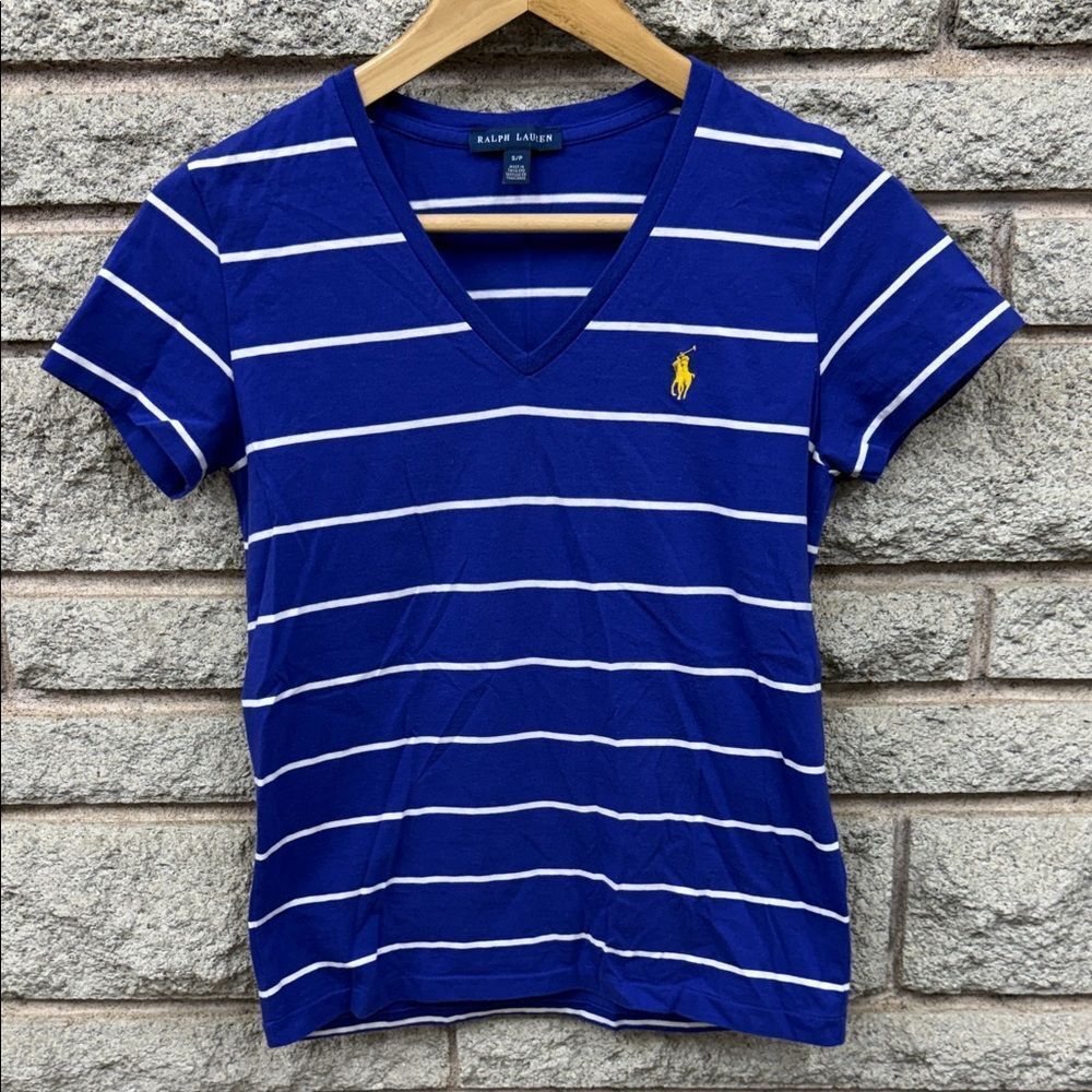 Ralph Lauren Blue and White Striped V-Neck Tee